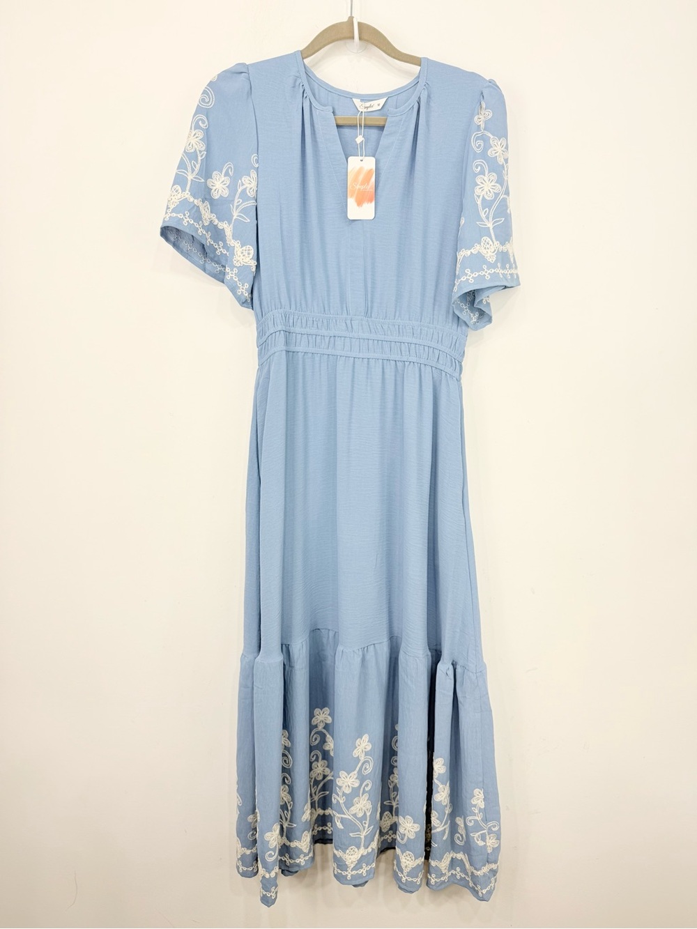 Simplee Blue White Floral Embroidery V Neck Smock Waist Short Sleeve Maxi Dress - Picture 1 of 13